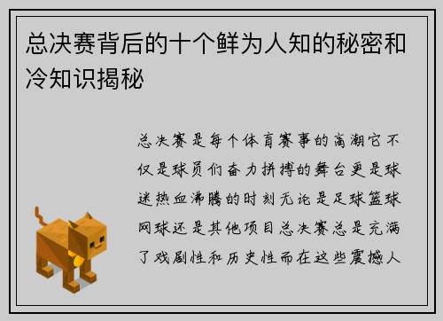 总决赛背后的十个鲜为人知的秘密和冷知识揭秘